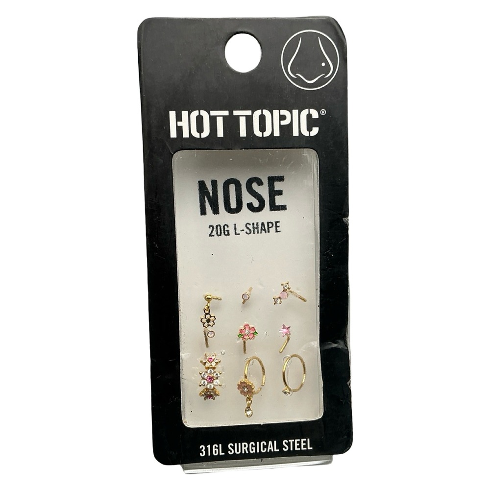 Hot Topic Nose Ring Set 20G L-Shape Gold Pink Sakura Star 9 Pack 34013498